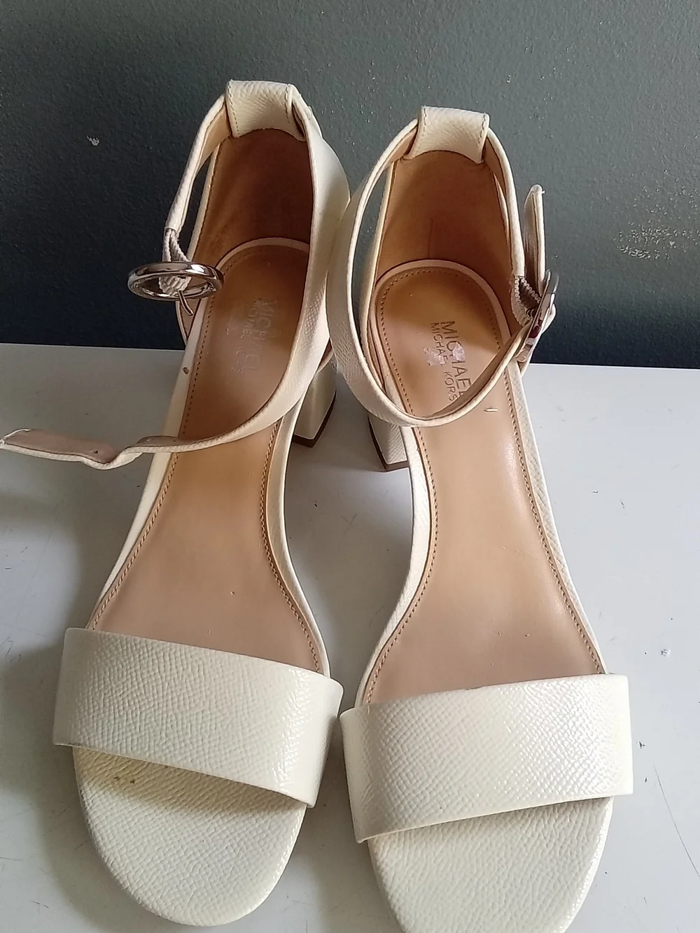 Michael Kors Cream Textured Block Heel Ankle Strap Sandal Off White Silver Buckl